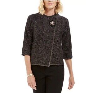 JM Collection Metallic Textured Brooch Sweater Jacket Black Size Medium NWT’s